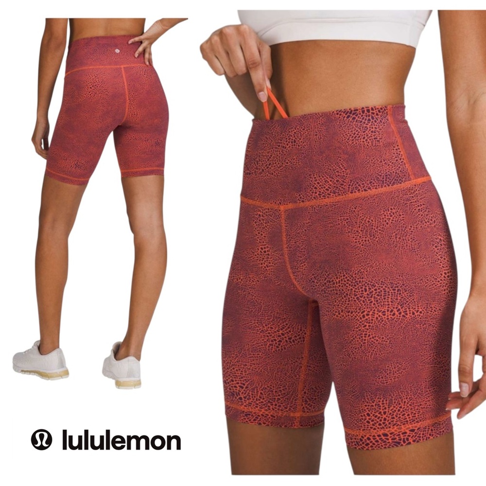 Lululemon Wunder Train 8” High Waist Orange Navy Blue Print Bike Shorts Size 2